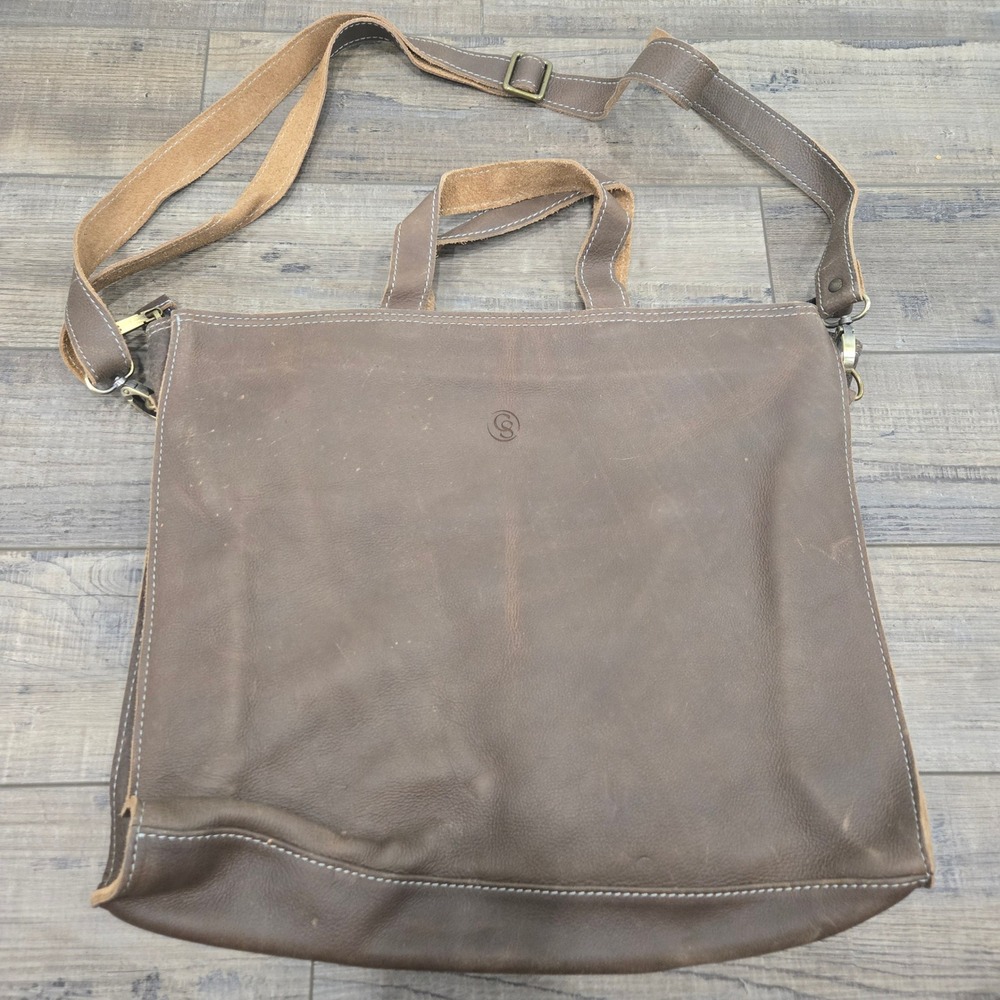 Chic Sparrow Brown Leather Tote Crossbody Bag Contrast Stitching CS Logo Large